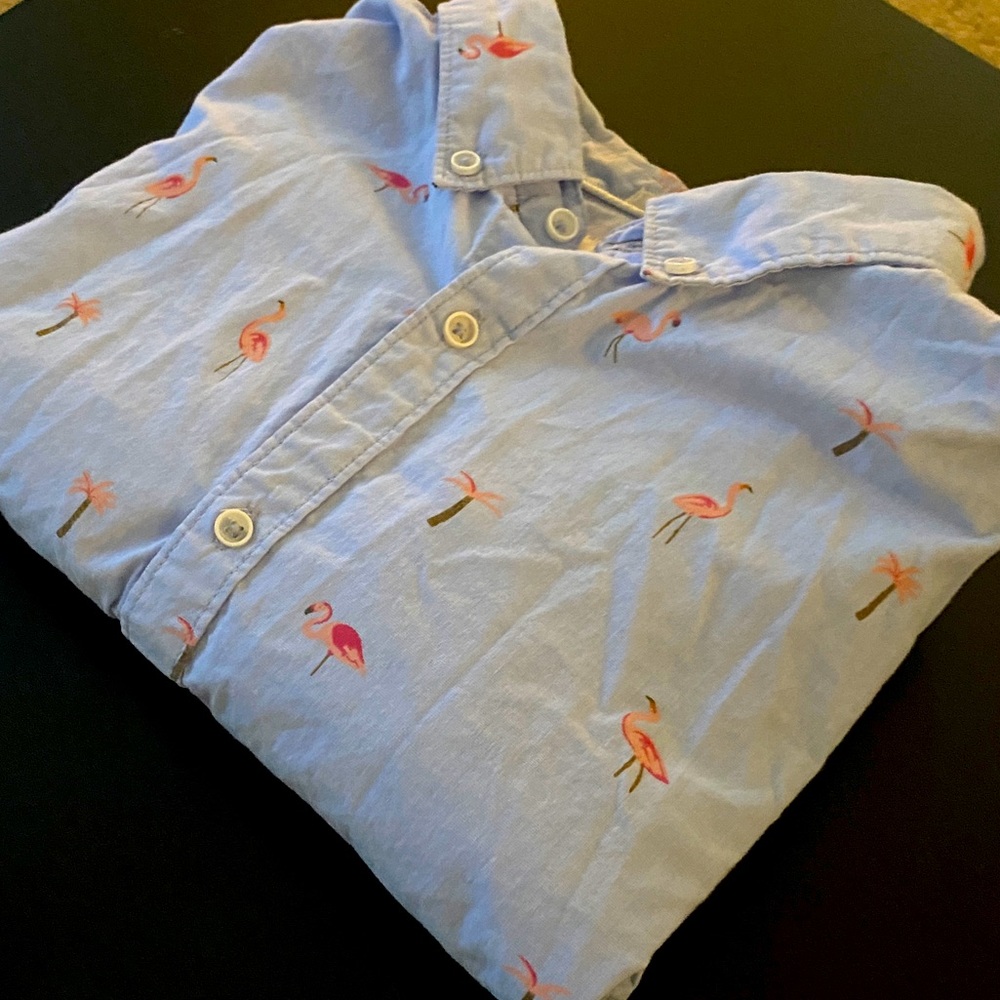 Denim & Flower Baby Blue Flamingo Short Sleeve Button Up - XL